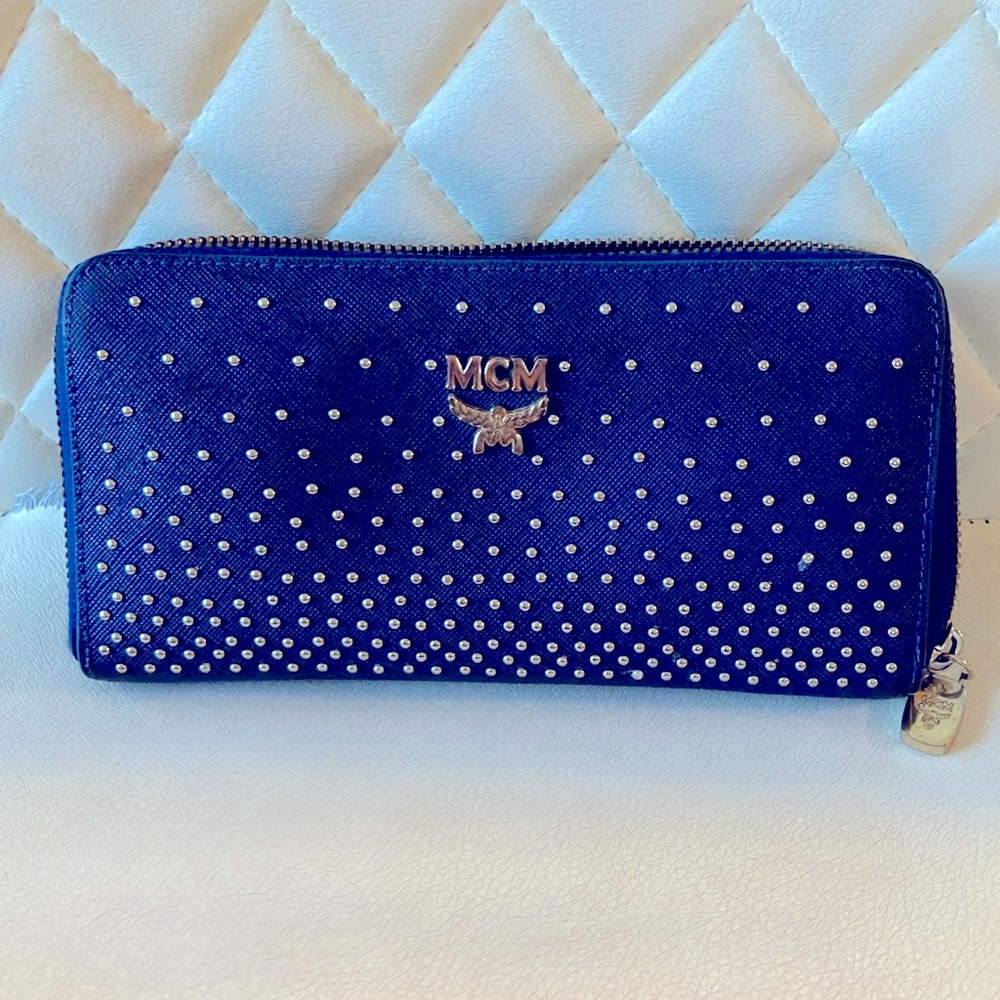 MCM Studded navy blue long wallet w/ detailed inner stitching
